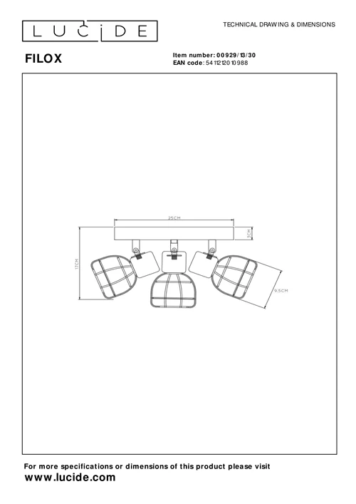Lucide FILOX - Plafondspot - Ø 25 cm - 3xE14 - Zwart - technisch